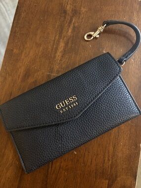 Guess Black Pebbled Leather Wristlet with Gold Logo